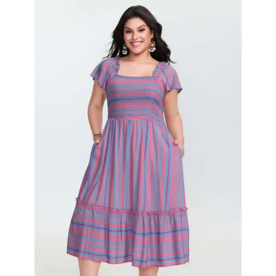 Bloomchic Women's Plus Size Colorful Stripes Shirred Bodice Ruffled Midi Dress Multicolor Stripes Midi Vacatio