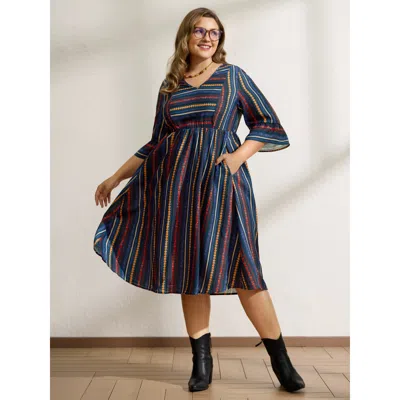 Bloomchic Women's Plus Size Colorful Stripes Stretchy Waist Midi Dress Indigo Stripes Midi Casual 22-24/3x In Purple