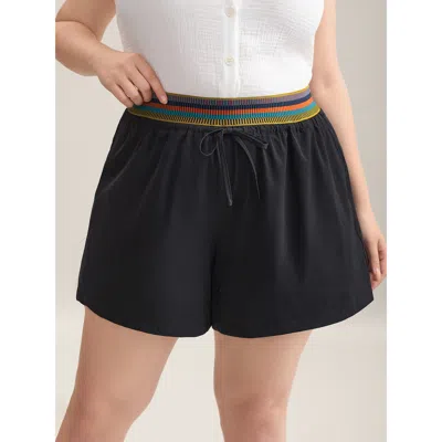 Bloomchic Women's Plus Size Colorful Thread Waist Wide-leg Shorts Black Casual Wide Leg Drawstring Shorts 12/l