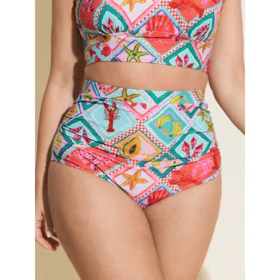 Bloomchic Women's Plus Size Colorful Vacation Print High-waisted Swim Bottoms Multicolor Marine Elements Cropp