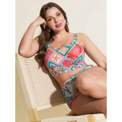 Bloomchic Women's Plus Size Colorful Vacation Print Swim Top Multicolor Marine Elements Sleeveless Non Adjusta