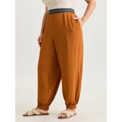 Bloomchic Women's Plus Size Colorful Waistband Cuffed Plain Pants Brightorange Solid Jogger Mid Rise Vacation 
