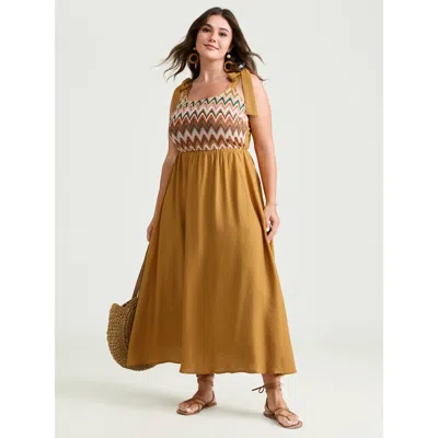Bloomchic Women's Plus Size Colorful Wavy Print Shoulder Tie Maxi Dress Mustardyellow Non Maxi Vacation Tie Kn
