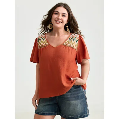 Bloomchic Women's Plus Size Colorful Wavy Shoulder V-neck Plain Blouse Orangered Non Vacation Short Sleeve 10/