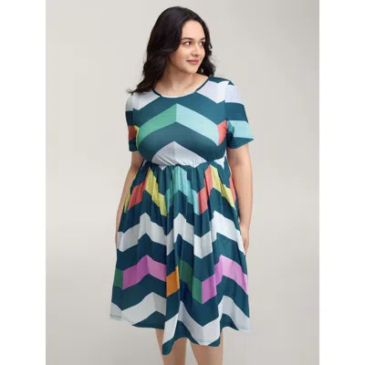 Bloomchic Women's Plus Size Colorful Wavy Stripes Cinched-flared Midi Dress Multicolor Stripes Knee Casual Col