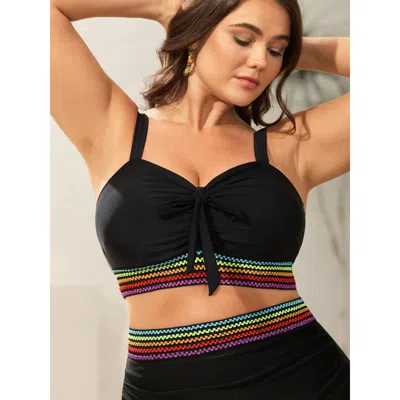 Bloomchic Women's Plus Size Colorful Webbed Knotted Front Bikini Top Black Color Block Sleeveless Colorblock A