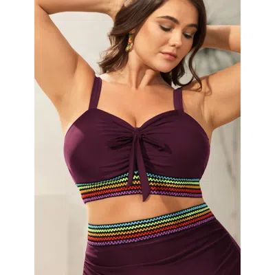 Bloomchic Women's Plus Size Colorful Webbed Knotted Front Bikini Top Plum Color Block Sleeveless Colorblock Ad In Purple