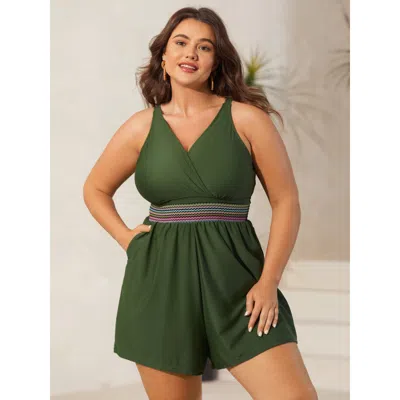 Bloomchic Women's Plus Size Colorful Webbed Surplice Pockets Swim Romper Armygreen Solid Ruched Adaptive-fit 2