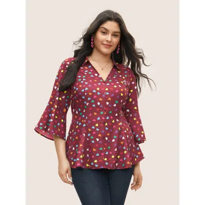 Bloomchic Women's Plus Size Colour Heart Print Bell Sleeve Blouse Scarlet Heart Everyday 3/4 Sleeve 28/5x In Red