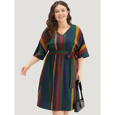 Bloomchic Women's Plus Size Colour Striped Contrast Belted Dress Multicolor Office Belted 22-24/3x