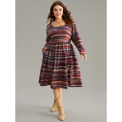 Bloomchic Women's Plus Size Colour Striped Heather Elastic Waist Scoop Neck Dress Multicolor Dailywear Printed