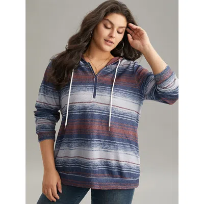 Bloomchic Women's Plus Size Colour Striped Hooded Pocket Half Zip Sweatshirt Indigo Striped Dailywear 10/m In Purple