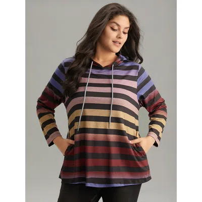 Bloomchic Women's Plus Size Colour Striped Ombre Hooded Drawstring T-shirt Multicolor Dailywear Long Sleeve 14