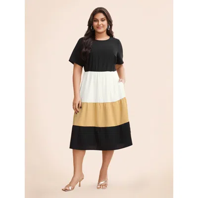 Bloomchic Women's Plus Size Contrast Belted Pocket Layered Hem Dolman Sleeve Dress Black Color Block Midi Casu