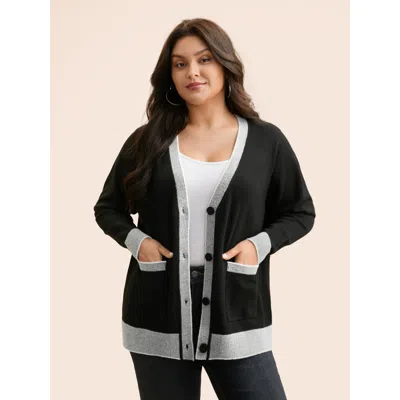 Bloomchic Women's Plus Size Contrast Button Up Pocket Cardigan Black Long Sleeve 12/l