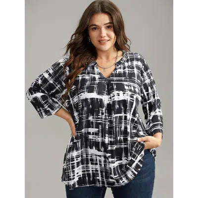 Bloomchic Women's Plus Size Contrast Colorblock Notched Plicated T-shirt Black Dailywear 3/4 Sleeve 26/4x