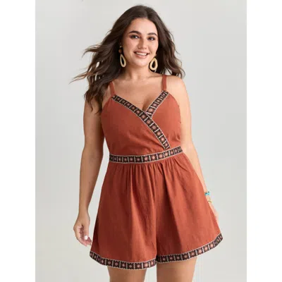 Bloomchic Women's Plus Size Contrast Edges Surplice Neckline Romper Brightorange Vacation 12/l