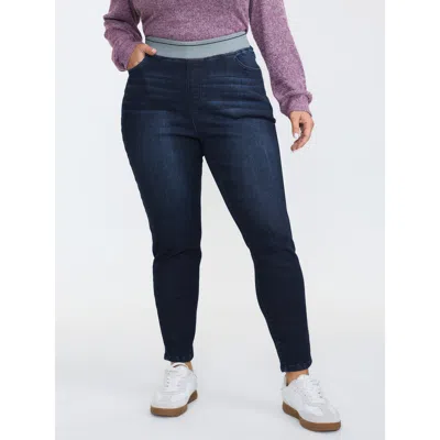 Bloomchic Women's Plus Size Contrast Elastic Waistband Cropped Jeans Darkindigo Not Graphics Non Skinny Fit Hi In Purple