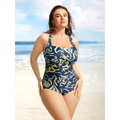 Bloomchic Women's Plus Size Contrast Floral Heart Neckline Twist Front One Piece Swimsuit Aegean Figurative Pr In Blue