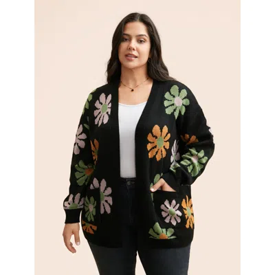 Bloomchic Women's Plus Size Contrast Floral Patch Pocket Cardigan Black Long Sleeve 14-16/1x