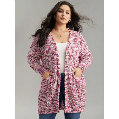 Bloomchic Women's Plus Size Contrast Fuzzy Open Front Patched Pocket Cardigan Multicolor Long Sleeve 12/l