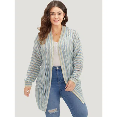 Bloomchic Women's Plus Size Contrast Geo Eyelet Drop Shoulder Cardigan Multicolor Long Sleeve 14-16/1x