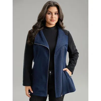 Bloomchic Women's Plus Size Contrast Glitter Belted Patchwork Zipper Coat Indigo Belted 10/m In Purple