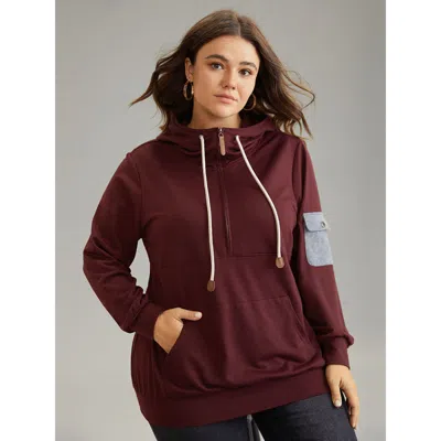 Bloomchic Women's Plus Size Contrast Half Zip Patched Pocket Hooded Sweatshirt Burgundy Plain Dailywear 12/l