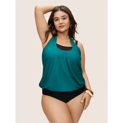 Bloomchic Women's Plus Size Contrast Halter Bowknot Patchwork One Piece Swimsuit Teal Non Non 30/6x In Blue