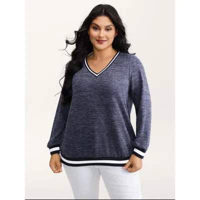 Bloomchic Women's Plus Size Contrast Hem V-neck Sweatshirt Indigo Casual 14-16/1x In Purple