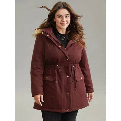 Bloomchic Women's Plus Size Contrast Hooded Fuzzy Trim Drawstring Padded Coat Maroon Lined 10/m In Burgundy