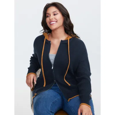 Bloomchic Women's Plus Size Contrast Hooded Zipper Front Pocketed Cardigan Midnight Long Sleeve 10/m In Blue