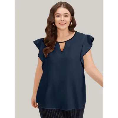 Bloomchic Women's Plus Size Contrast Keyhole Ruffle Trim Cap Sleeve Blouse Indigo Office Cap Sleeve 14-16/1x In Purple