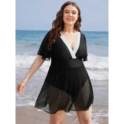 Bloomchic Women's Plus Size Contrast Lace Knot Back Mesh Ruffle Swim Dress Black Solid A-line 10/m
