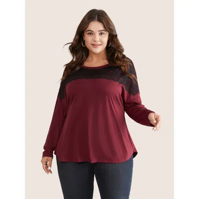 Bloomchic Women's Plus Size Contrast Lace Panel Drop Shoulder T-shirt Burgundy Dailywear Long Sleeve 14-16/1x
