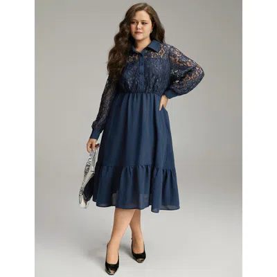 Bloomchic Women's Plus Size Contrast Lace Shirt Collar Ruffle Hem Dress Indigo Office Plain 22-24/3x In Purple