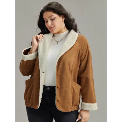 Bloomchic Women's Plus Size Contrast Lapel Collar Patched Pocket Jacket Bronze Colorblock 12/l In Brown