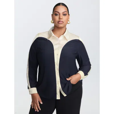 Bloomchic Women's Plus Size Contrast Material Button-down Blouse Indigo Non Office Extra Long Sleeve 14-16/1x In Purple