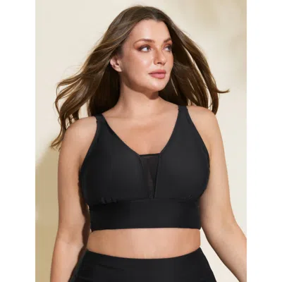 Bloomchic Women's Plus Size Contrast Mesh Upf 50+ Swim Top Black Solid Patchwork Adjustable Straps 10/m