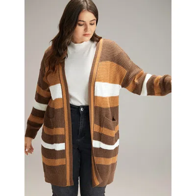 Bloomchic Women's Plus Size Contrast Open Front Patched Pocket Tunic Cardigan Multicolor Long Sleeve 22-24/3x