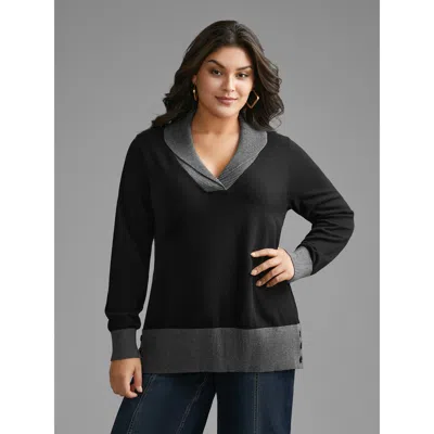 Bloomchic Women's Plus Size Contrast Overlap Collar Button Detail Pullover Black Long Sleeve 12/l