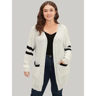 Bloomchic Women's Plus Size Contrast Patched Pocket Open Front Cardigan White Long Sleeve 12/l