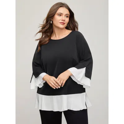 Bloomchic Women's Plus Size Contrast Patchwork Bell Sleeve Blouse Black Color Block Elegant Long Sleeve Round 