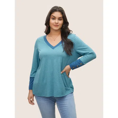 Bloomchic Women's Plus Size Contrast Patchwork Button Detail T-shirt Lightblue Non Everyday Long Sleeve 14-16/ In Blue