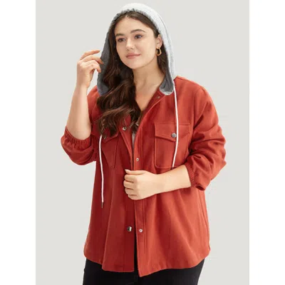 Bloomchic Women's Plus Size Contrast Patchwork Button Through Hooded Drawstring Corduroy Coat Orangered Colorb