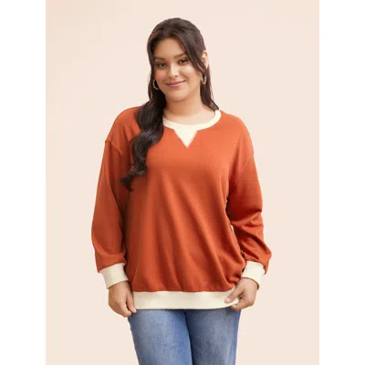 Bloomchic Women's Plus Size Contrast Patchwork Drop Shoulder Sleeve Sweatshirt Rust Casual 12/l In Brown