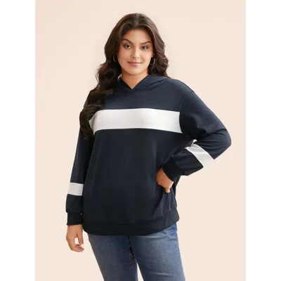 Bloomchic Women's Plus Size Contrast Patchwork Hooded Sweatshirt Midnight Everyday 10/m In Blue