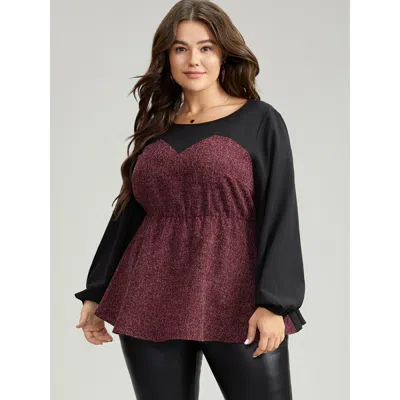 Bloomchic Women's Plus Size Contrast Patchwork Lantern Sleeve Elastic Waist Blouse Burgundy Festival-christmas