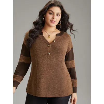 Bloomchic Women's Plus Size Contrast Patchwork Notched Button Up T-shirt Darkbrown Dailywear Long Sleeve 14-16 In Brown