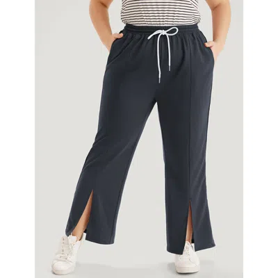 Bloomchic Women's Plus Size Contrast Patchwork Pocket Drawstring Split Hem Sweatpants Slategray Everyday 12/l In Gray